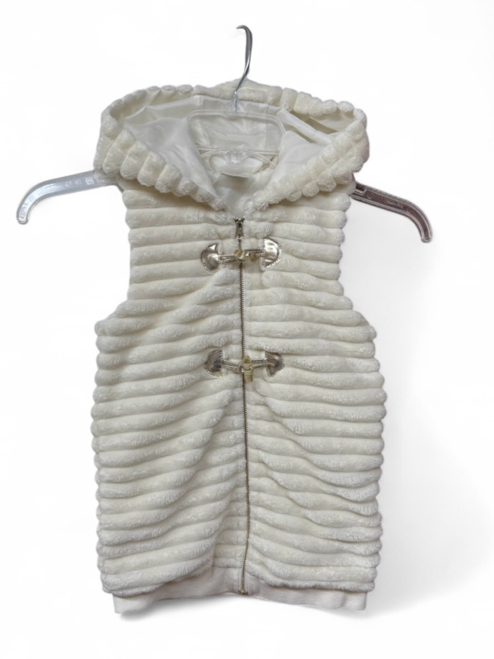 Forever Me Girls Cream Hooded Vest Size 6 Ribbed Fleece Gold Toggles